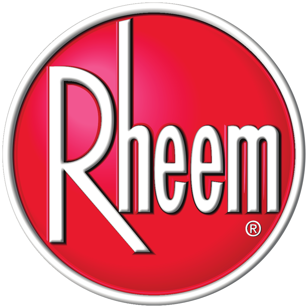 Rheem logo which is the word Rheem in white text on top of a red circle